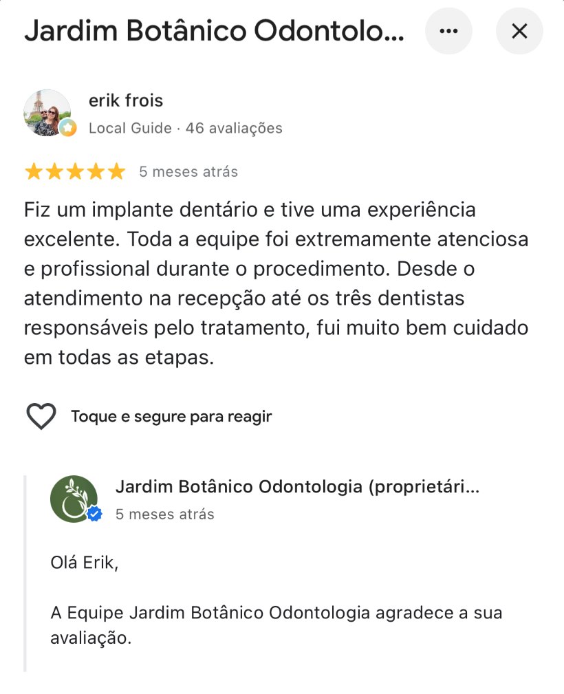 Avaliação 5 estrelas de paciente no Google